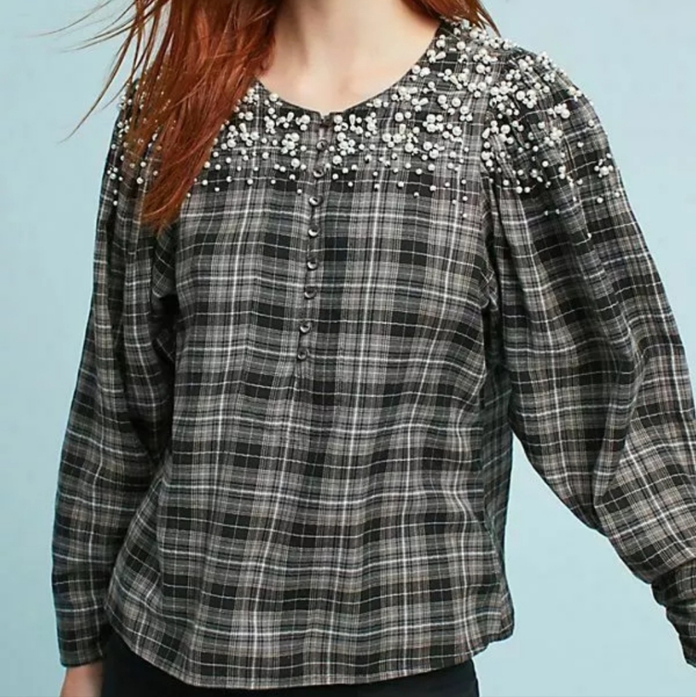1HR SALE Akemi + Kin | Anthropologie Beaded Pearl Plaid Button Long Sleeve Top